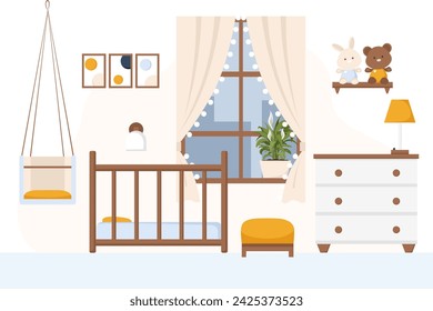 Bonita habitación infantil de estilo moderno en tonos azul claro, beige, naranja y blanco. Concepto de interior y mobiliario. Diseño escandinavo o casa de campo. Ilustración plana de dibujos animados