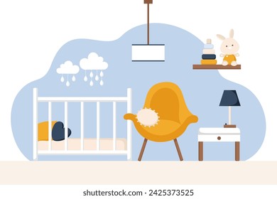 Cute modern style nursery room in light blue, beige, orange and white tones. Interior and furniture concept. Scandinavian or cottage design. Vector cartoon flat illustration