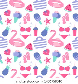 cute modern summer seamless vector pattern background illustration with flamingo float, ice cream, smoothies, strawberries, pineapple, swimsuit, starfish, watermelon slice and beach bag