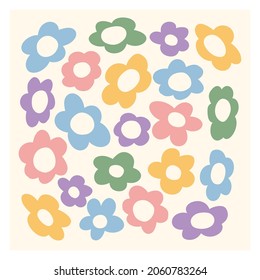 Cute modern template with vintage vector groovy flowers in pastel tones. 60s, 70s abstract elements. stylized bold flowers silhouettes. 