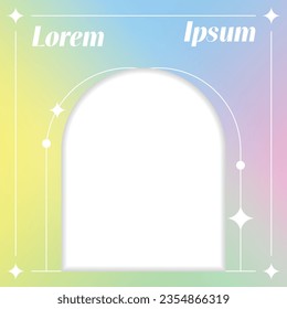 Cute Modern Trendy Aesthetic Minimalist Style with Arch Shape Form Liner Sparkle. Holographic Gradient Fluid Rainbow Pastel. Social Media Square Post Banner Template Border Frame Background Vector.
