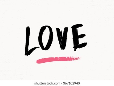 Cute and modern typographic design St. Valentine's Day greeting card template. Hand lettered text "Love" in black and pink on cream background.