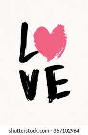 Cute and modern typographic design St. Valentine's Day greeting card template. Hand lettered text "Love" in black and pink on cream background.