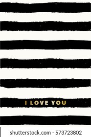 Cute and modern typographic design St. Valentine's Day greeting card template. Text I Love You in golden on black and white stripes background.