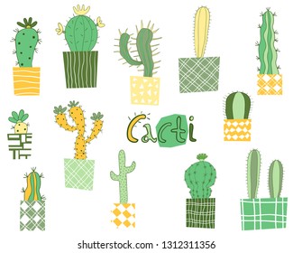 Cute and modern vector geometric cactus plants in elegant style in green, yellow and gray colors with fun  patterns