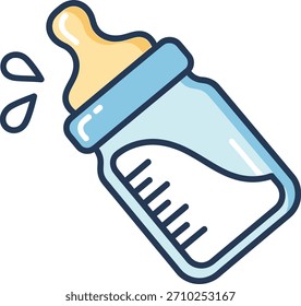 Una Ilustración vectorial linda y moderna de un biberón con marcas de medida y Pequeñas gotitas, dibujado en un suave estilo de contorno pastel.