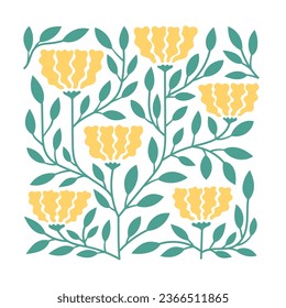 Cute modern vector pattern with yellow abstract flowers, foliage. Natural plant ornament wall art, card. - Shutterstock ID 2366511865
