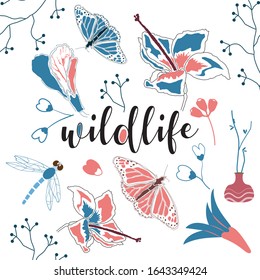 süß Modernes Muster für Wildtiere mit Schmetterlingen und Blumen, Muster für Stoffdesign mit Blumen. schöne Illustration. EPS10 Vektorillustration.