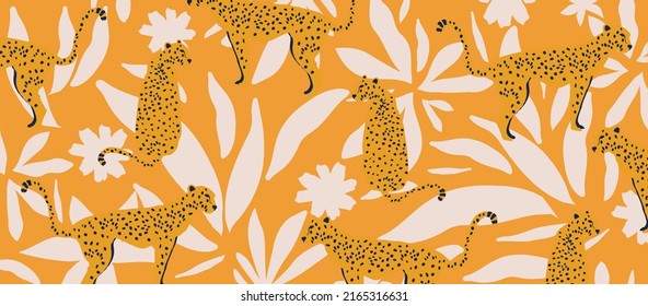 Cute and modern wildlife pattern with leopards. Leopards and leaves decorative vector illustration design	
