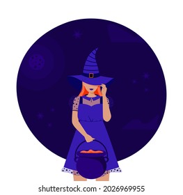 Cute modern witch. Witch holding poison. Halloween card. Witches time. Witch costume. Witch hat. white background. Halloween flyer, invitation. Background with stars, claud and moon.