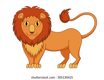 Cute modest cartoon lion with fluffy mane and kind muzzle, lion smile and look. Vector illustration