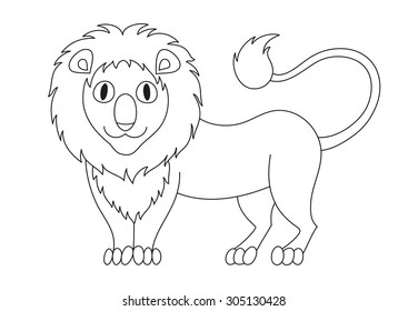 Cute modest cartoon lion with fluffy mane and kind muzzle, lion smile and look. Vector illustration, coloring book page for children