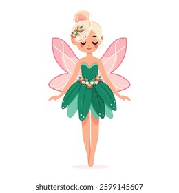 Cute and modest forest fairy with wings in a flower dress on white background. Poster, Banner, Flyer, Greeting Card. Vector illustration in flat cartoon style