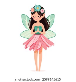 Cute and modest forest fairy with wings in a flower dress on white background. Poster, Banner, Flyer, Greeting Card. Vector illustration in flat cartoon style