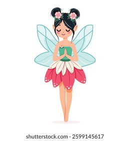 Cute and modest forest fairy with wings in a flower dress on white background. Poster, Banner, Flyer, Greeting Card. Vector illustration in flat cartoon style