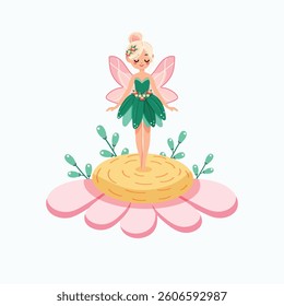 Cute and modest forest fairy with wings in a flower dress on white background. Poster, Banner, Flyer, Greeting Card. Vector illustration in flat cartoon style