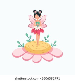 Cute and modest forest fairy with wings in a flower dress on white background. Poster, Banner, Flyer, Greeting Card. Vector illustration in flat cartoon style