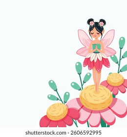 Cute and modest forest fairy with wings in a flower dress on white background. Poster, Banner, Flyer, Greeting Card. Vector illustration in flat cartoon style