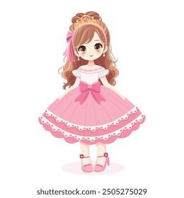 Cute and modest princess with beautiful eyes in a pink dress and a crown. Isolate on white background, Vector illustration in Flat cartoon style