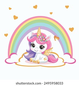 Cute modest unicorn with golden horn and wings sitting on a cloud with a rainbow, white background. Vector illustration in flat cartoon style