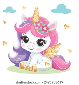 Cute modest unicorn with golden horn and wings on white background. Vector illustration in flat cartoon style