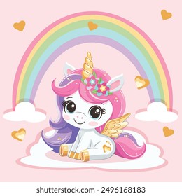 Lindo unicornio modesto con cuerno de oro y alas sentado en una nube con un arco iris, fondo blanco. Ilustración vectorial en estilo plano de dibujos animados