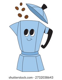 Linda cafetera Moka Pot con ilustración de dibujos animados de granos de café