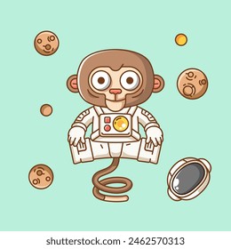 Nette Affe Astronaut Jump Animal Kawaii Chibi Charakter Maskottchen Illustration Outline Stil Design Set