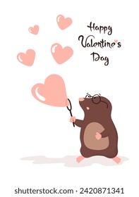 Cute mole blowing heart shaped soap bubbles. Valentines Day greeting card vector illustration