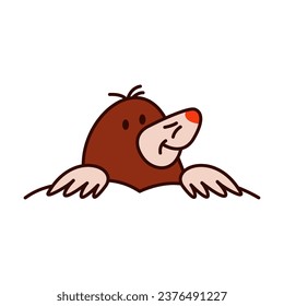 Cute Mole character looks out of the hole. Vector illustration in flat style.