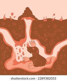 Cute mole digs the ground. Cartoon flat vector illustration.