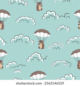 Cute mole with parachute seamless pattern. Vector illustration for kids