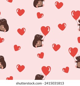 Cute moles with hearts seamless pattern. Valentines day wrapping paper design. Baby print