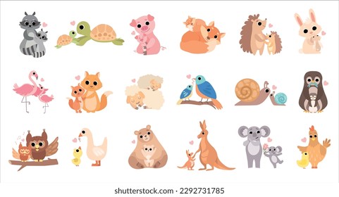 Cute mom and baby animal couples set. Raccoon, snail, owl, kangaroo, sheep, turtle, koala families cartoon vector illustration