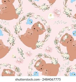 Cute mom and baby bear seamless pattern