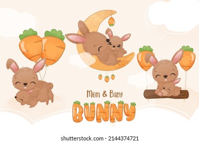 Cute Mom and Baby Bunny in Watercolor Illustration