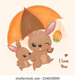 Cute Mom and Baby Bunny in Watercolor Illustration