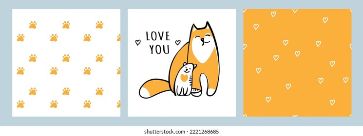 Cute Mom and baby cat hand drawn vector print. Mother s Day card. Animal seamless pattern