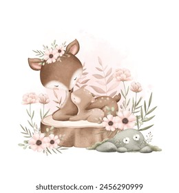 Cute Mom and Baby Deer Sit on Log with Flowers and Leaves