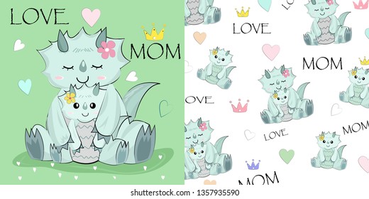 cute  mom and baby dinosaur cartoon,illustration vector comic art for any card.