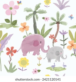 Cute mom and baby elephant in flower forest seamless pattern