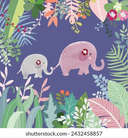 Cute mom and baby elephant in sweet forest cartoon
