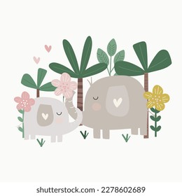 A cute mom and baby elephant vector illustrations.
Additional elements include palm trees, foliage and flowers.