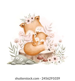 Cute Mom and Baby Fox Sit on Log with Flowers and Leaves