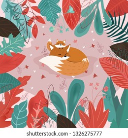 mamá linda y zorro bebé están durmiendo en el bosque de thel, bello marco verde y rojo hoja, ilustración de cómic vectorial para cualquier carta.