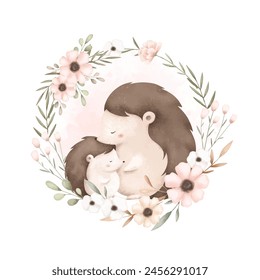 Cute Mom and Baby Hedgehog in Flower Wreath
