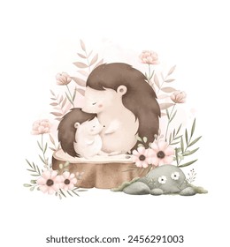 Cute Mom and Baby Hedgehog Sit on Log with Flowers and Leaves