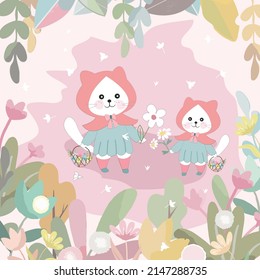 Cute mom and baby kitty cat in sweet garden cartoon