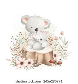 Cute Mom and Baby Koala Sit on Log with Flowers and Leaves