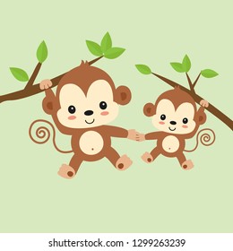 Cute Mom And Baby Monkey Hanging On Tree.